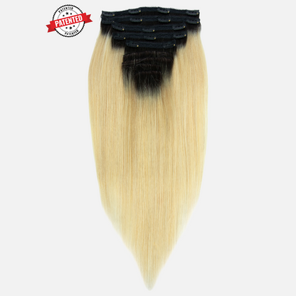 Upgrade from competitor's Follicle Fusion™ Clip-ins to our Patented InVisiRoot® Clip-ins. Experience True Undetectable Results: This is Dark Roots Blonde Cambodian Silky Straight texture InVisiRoot® Clip-ins